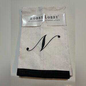 NEW Hobby Lobby Monogrammed Linen Napkins “N” Black White Set Of 4 Formal Party